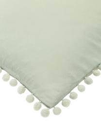 Funda de almohada de percal con pompones Bommy, Verde, An 50 x L 85 cm