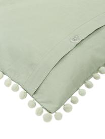 Funda de almohada de percal con pompones Bommy, Verde, An 50 x L 85 cm