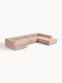 Sofa modułowa z mieszanki lnu Lennon, Tapicerka: 50% wiskoza, 25% len, 15%, Nogi: tworzywo sztuczne Ten pro, Rdzwoczerwona mieszanka lnu, S 418 x G 269 cm, prawostronna