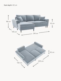 Sofá rinconera cama de terciopelo Moghan (3 plazas), con espacio de almacenamiento, Tapizado: terciopelo de poliéster A, Estructura: madera de pino maciza, ma, Patas: metal pintado, Terciopelo azul claro, patas negro, An 241 x F 145 cm, chaise longue izquierda