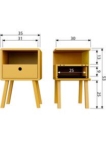 Comodino in giallo senape con cassetto Sammie, Legno di pino spazzolato e verniciato, Giallo senape, Larg. 35 x Alt. 53 cm