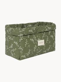 Panier de rangement en coton bio Stories, Vert olive, blanc cassé, motif floral, larg. 30 x prof. 20 cm