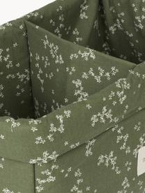 Panier de rangement en coton bio Stories, Vert olive, blanc cassé, motif floral, larg. 30 x prof. 20 cm