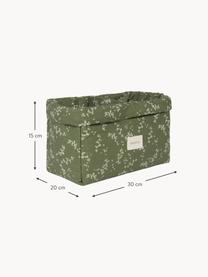 Panier de rangement en coton bio Stories, Vert olive, blanc cassé, motif floral, larg. 30 x prof. 20 cm