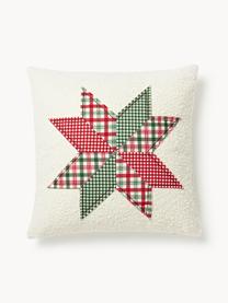 Housse de coussin avec ornements Lance, 90 % polyester, 10 % acrylique, Blanc cassé avec motif d'étoiles vert foncé et rouge, larg. 50 x long. 50 cm