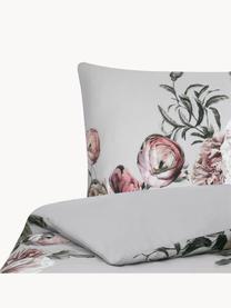 Housse de couette en satin de coton Blossom, Gris, motif floral, larg. 140 x long. 200 cm