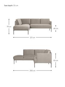 Divano angolare in velluto Fluente, Rivestimento: velluto (copertura in pol, Struttura: legno di pino massiccio, , Piedini: metallo verniciato a polv, Velluto greige, Larg. 221 x Prof. 200 cm, chaise longue a sinistra