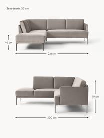 Divano angolare in velluto Fluente, Rivestimento: velluto (copertura in pol, Struttura: legno di pino massiccio, Piedini: metallo verniciato a polv, Velluto greige, Larg. 221 x Prof. 200 cm, parte angolare a sinistra