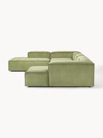 Sofá rinconera modular de pana Lennon, Tapizado: pana (92% poliéster, 8% p, Estructura: madera de pino maciza, ma, Patas: plástico Este producto es, Pana verde oscuro, An 418 x F 269 cm, chaise longue izquierda