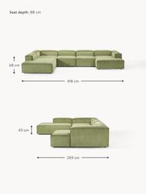 Sofá rinconera modular de pana Lennon, Tapizado: pana (92% poliéster, 8% p, Estructura: madera de pino maciza, ma, Patas: plástico Este producto es, Pana verde oscuro, An 418 x F 269 cm, chaise longue izquierda