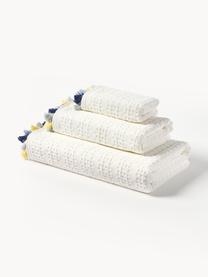 Lot de serviettes de bain en velours avec franges Niam, set de tailles variées, Blanc crème, tons bleus et jaunes, 3 éléments (1 serviette invité, 1 serviette de toilette et 1 drap de bain)