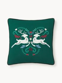 Kissenhülle Deers mit winterlichem Motiv, Bezug: 100 % Baumwolle, Dunkelgrün, Weiß, Rot, B 45 x L 45 cm