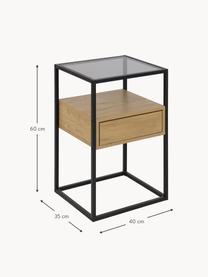 Glas-Nachttisch Randolf mit Schublade, Gestell: Metall, pulverbeschichtet, Tischplatte: Glas, Schwarz, Holz, B 40 x H 60 cm