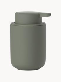Distributeur de savon en grès cérame à surface veloutée Omega, Vert olive, Ø 8 x haut. 13 cm
