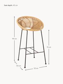 Sedia da bar in rattan con gambe in metallo Yonne, Seduta: rattan, Struttura: metallo rivestito, Beige, nero, Larg. 52 x Alt. 94 cm