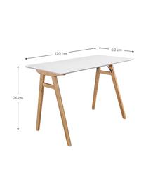Scrivania con piano bianco Vojens, Piano d'appoggio: pannello di fibra a media, Gambe: legno albero della gomma, Legno, bianco, Larg. 120 x Prof. 60 cm