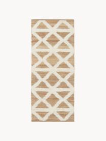 Handgeweven jute loper Malea, 57% jute, 35% wol, 7% katoen, Beige, crèmewit, B 80 x L 250 cm