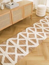 Tapis de couloir en jute tissé à la main Malea, 57 % jute, 35 % laine, 7 % coton, Beige, blanc crème, larg. 80 x long. 250 cm