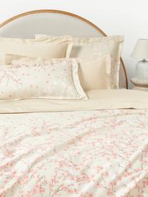 Housse de couette en satin de coton à motif floral Sakura, Beige clair, rose pâle, blanc, larg. 260 x long. 240 cm