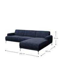 Divano angolare in tessuto blu con sistema zero spot Puzo, Rivestimento: 100% poliestere, Sottostruttura: compensato, legno di betu, Piedini: metallo verniciato, Blu, Larg. 240 x Prof. 165 cm