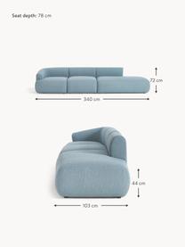 Diván modular grande en tejido bouclé Sofia, Tapizado: tejido bouclé (100% polié, Estructura: madera de abeto, tablero , Patas: plástico Este producto es, Bouclé azul, An 340 x F 103 cm, módulo esquina izquierda