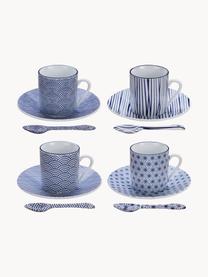 Set 4 tazzine in porcellana fatte a mano con piattini e cucchiaini Nippon, Porcellana, Blu, bianco, Ø 5 x Alt. 6 cm, 80 ml