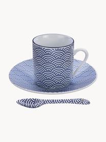 Ručne vyrobená porcelánová súprava šálok na espresso s podšálkami a lyžičkami Nippon, 4 diely, Porcelán, Modrá, biela, Ø 5 x V 6 cm, 80 ml