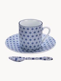 Set de tazas con platitos y cucharita de porcelana Nippon, 4 uds., Porcelana, Azul, blanco, Ø 5 x Al 6 cm, 80 ml