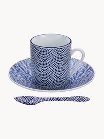 Handgemaakte porseleinen espressokopjes Nippon met schoteltjes en lepels, set van 4, Porselein, Blauw, wit, Ø 5 x H 6 cm, 80 ml