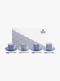 Set de tazas con platitos y cucharita de porcelana Nippon, 4 uds., Porcelana, Azul, blanco, Ø 5 x Al 6 cm, 80 ml