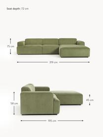 Cord-Ecksofa Melva (4-Sitzer), Bezug: Cord (92% Polyester, 8% P, Gestell: Massives Kiefernholz, Spa, Füße: Kunststoff Dieses Produkt, Cord Olivgrün, B 319 x T 195 cm, Eckteil links