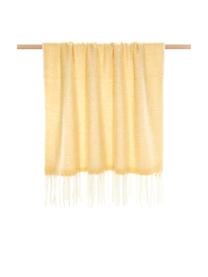 Plaid en laine jaune avec franges Mathea, 60 % laine, 25 % acrylique, 15 % nylon, Jaune, couleur crème, long. 170 x larg. 130 cm