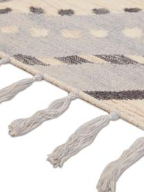 Wollen vloerkleed Jazmin met franjes en patroon, 80% wol, 20% katoen, Beige, grijsblauw, donkergrijs, B 160 x L 220 cm (maat M)