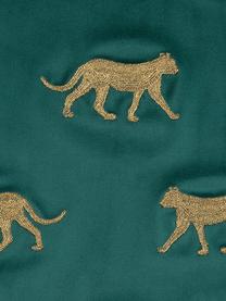 Bestickte Samt-Kissenhülle Cheetah in Grün/Gold, 100% Polyestersamt, Dunkelgrün, Goldfarben, B 40 x L 40 cm