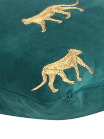 Geborduurde fluwelen kussenhoes Cheetah in groen/goudkleur, Polyester fluweel, Donkergroen, goudkleurig, B 40 x L 40 cm