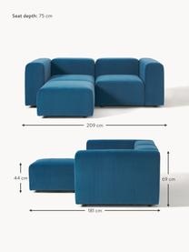 Sofá modular de terciopelo Lena (3 plazas), con reposapiés, Tapizado: terciopelo (100% poliéste, Estructura: madera de pino, contracha, Patas: plástico., Terciopelo azul petróleo, An 209 x F 181 cm