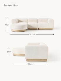 Modulares Sofa Natalie (3-Sitzer) aus Teddy-Bouclé mit Hocker, Bezug: Teddy-Bouclé (100 % Polye, Gestell: mitteldichte Holzfaserpla, Sockel: Massives Buchenholz, lack, Teddy-Bouclé Off White, helles Buchenholz, B 283 x T 197 cm