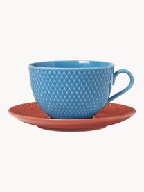Taza de porcelana con platito Rhombe, Porcelana, Azul, terracota, Ø 12 x Al 8 cm, 390 ml