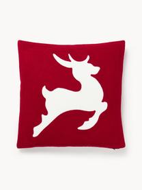 Housse de coussin brodée avec motif cerf Elysia, Rouge, blanc, larg. 50 x long. 50 cm