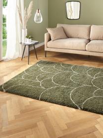 Tapis shaggy vert Desso, 100 % polypropylène, Vert forêt, crème, larg. 80 x long. 150 cm (taille XS)