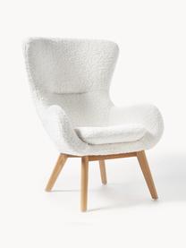 Fauteuil à oreilles en peluche pieds en bois Wing, Revêtement : blanc crème Pieds : bois de frêne, larg. 77 x prof. 89 cm