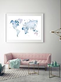 Plakat World Map, Druk cyfrowy na papierze, 200 g/m², Niebieski, biały, S 30 x W 21 cm