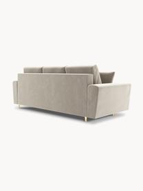 Divano letto 3 posti in velluto beige con contenitore Moghan, Rivestimento: 100% velluto di poliester, Struttura: legno di pino massiccio, , Piedini: metallo rivestito, Velluto beige, dorato, Larg. 235 x Prof. 100 cm