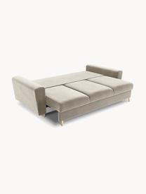 Divano letto 3 posti in velluto beige con contenitore Moghan, Rivestimento: 100% velluto di poliester, Struttura: legno di pino massiccio, , Piedini: metallo rivestito, Velluto beige, dorato, Larg. 235 x Prof. 100 cm