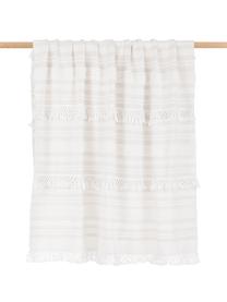 Koc z bawełny z frędzlami z stylu boho Nara, 100% bawełna, Kremowobiały, beżowy, S 130 x D 170 cm