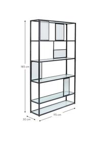 Metalen wandrek Skyler met glazen planken, Frame: gepoedercoat metaal, Plank: geribbeld veiligheidsglas, Zwart, 115 x 185 cm