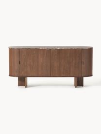 Holz-Sideboard Zumi mit abgerundeten Ecken und Marmorplatte, Korpus: Mitteldichte Holzfaserpla, Ablagefläche: Marmor, Griffe: Metall, Walnussholz lackiert, Braun marmoriert, B 160 x H 75 cm