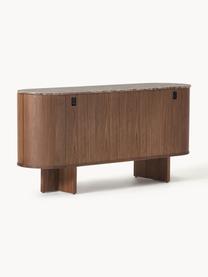 Holz-Sideboard Zumi mit abgerundeten Ecken und Marmorplatte, Korpus: Mitteldichte Holzfaserpla, Ablagefläche: Marmor, Griffe: Metall, Walnussholz lackiert, Braun marmoriert, B 160 x H 75 cm