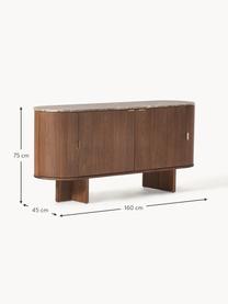 Holz-Sideboard Zumi mit abgerundeten Ecken und Marmorplatte, Korpus: Mitteldichte Holzfaserpla, Ablagefläche: Marmor, Griffe: Metall, Walnussholz lackiert, Braun marmoriert, B 160 x H 75 cm