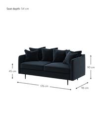 Divano 2 posti in velluto blu scuro Esme, Rivestimento: 100% velluto di poliester, Struttura: legno duro, legno tenero,, Piedini: metallo rivestito Il rive, Blu scuro, Larg. 176 x Prof. 96 cm